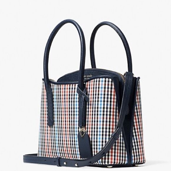 KATE SPADE MARGAUX MEDIUM SATCHEL HANDBAG IN BLUE RED BLACK PLAID + LEATHER TRIM - Picture 1 of 15